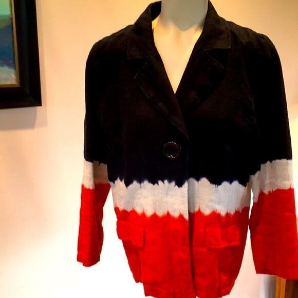 Michael Kors 100% Linen tie dye Tangerine Black Cream Jacket 8 - Picture 1 of 5